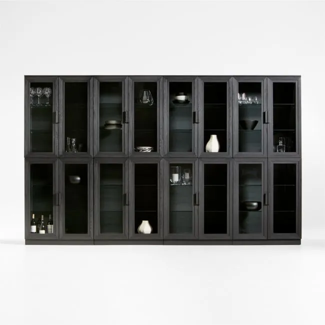 Calypso 144" Black Wood Glass-Door Storage Cabinet Set