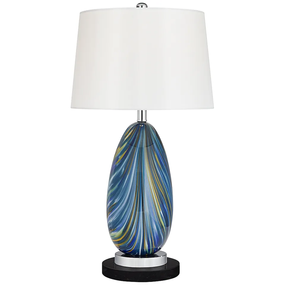 Possini Euro Pablo 28" Blue Glass Lamp with Round Black Marble Riser