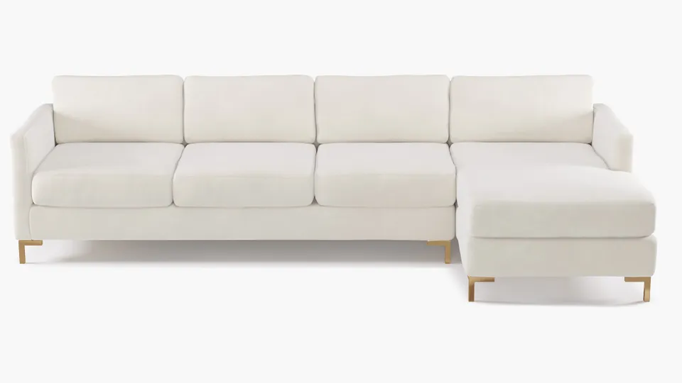 Modern Sectional, Right Facing, White Performance Velvet, Brass L Leg