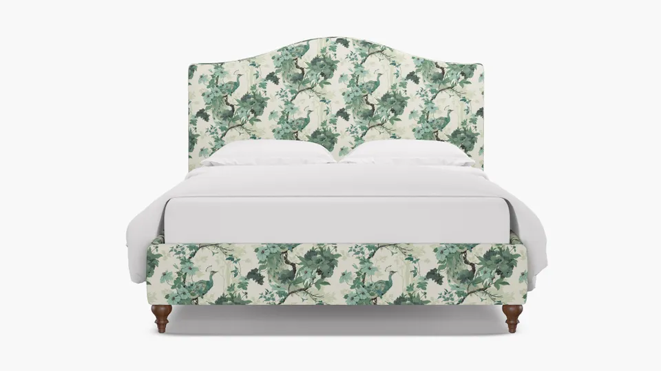 Camelback Bed, Jade Peacock Park, Walnut Traditional Turned Leg, King