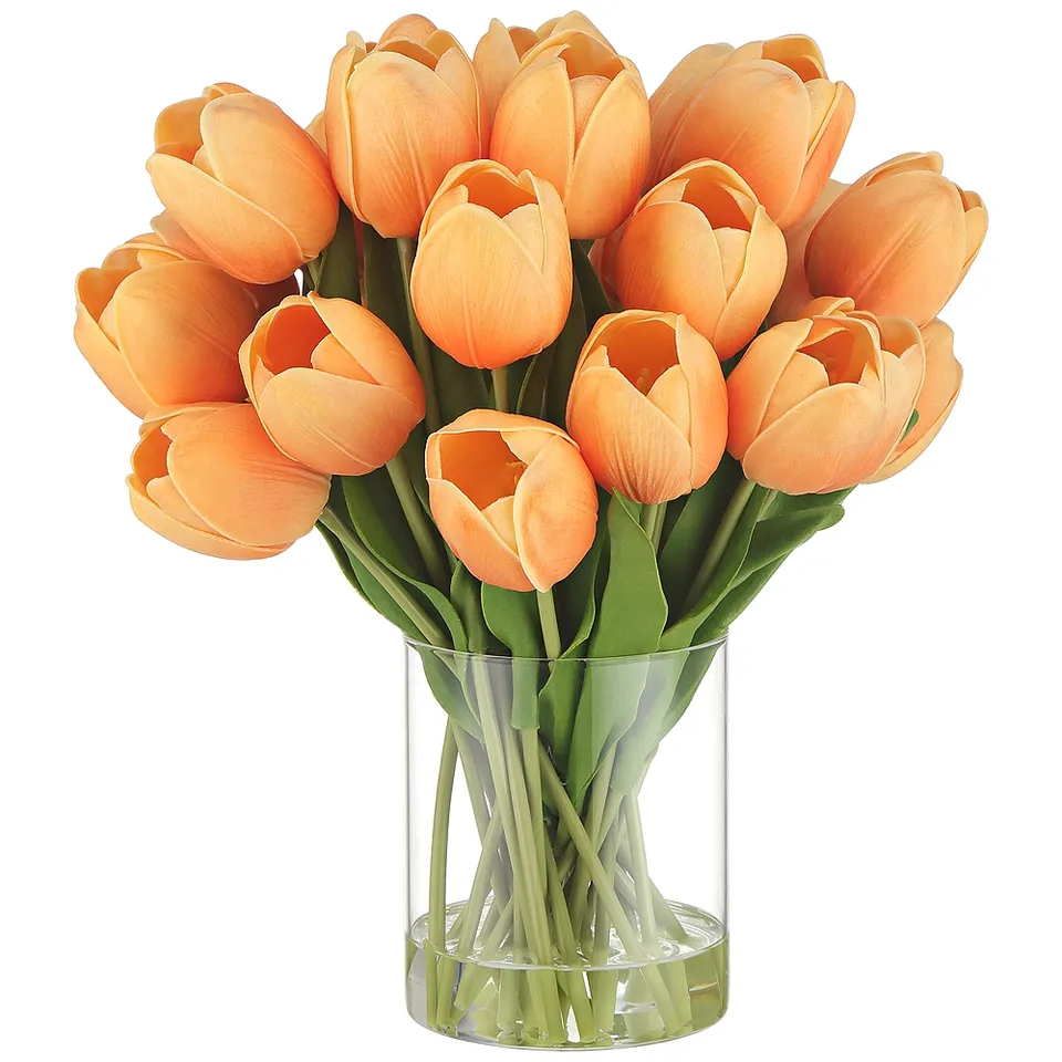 Emmie Orange Tulips 12" High Faux Flower in Clear Glass Vase
