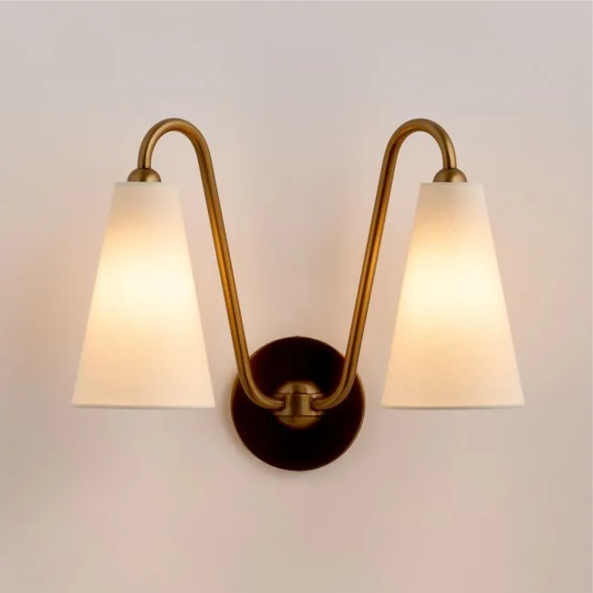 Everton Brass Double Wall Sconce Light with White Fabric Shades