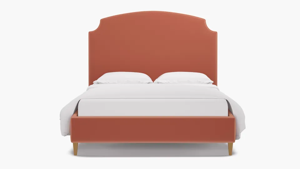 Cove Bed, Coral Performance Velvet, Natural Square Tapered Leg, Queen