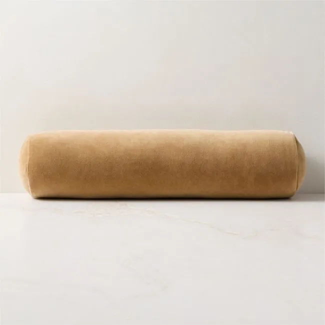 Encino Tan Cotton Stonewashed Velvet Bolster Throw Pillow 24"x6"