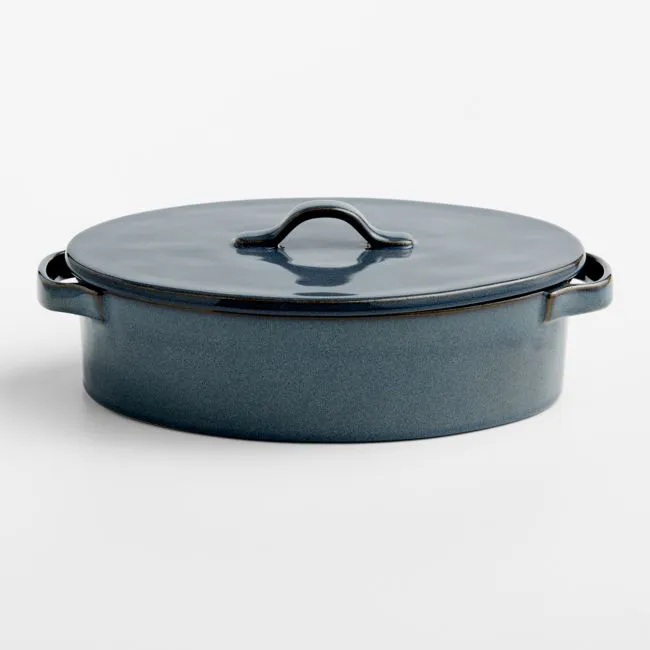Marin Slate Blue Stoneware 3-Qt. Oval Covered Casserole Baking Dish