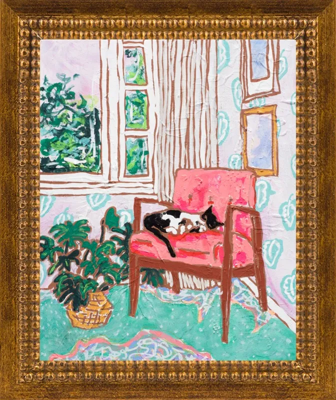 Cat Nap: Tuxedo Cat Napping in Mid-Century Chair by Lara Lee Meintjes for Artfully Walls