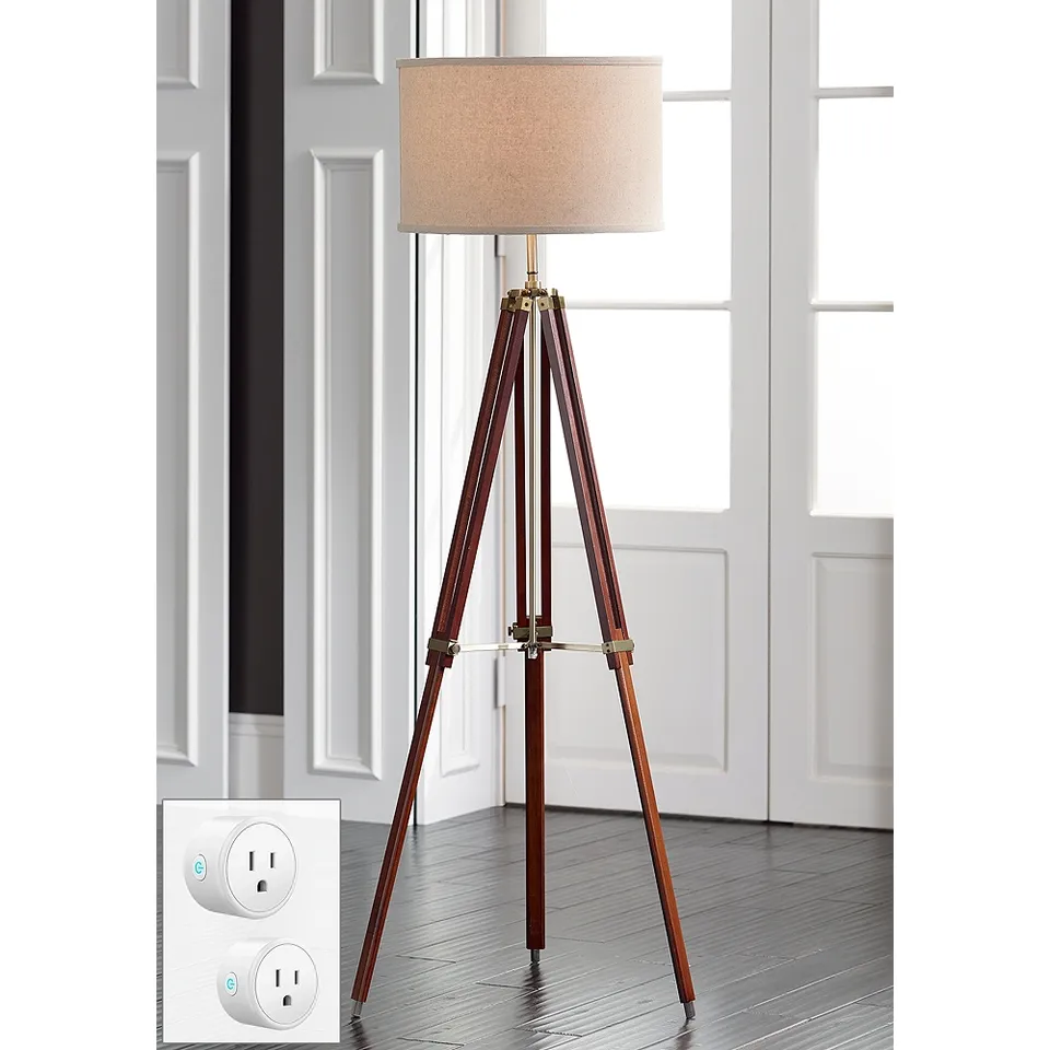Possini Euro Surveyor Wood Adjustable Tripod Floor Lamp with Smart Sockets