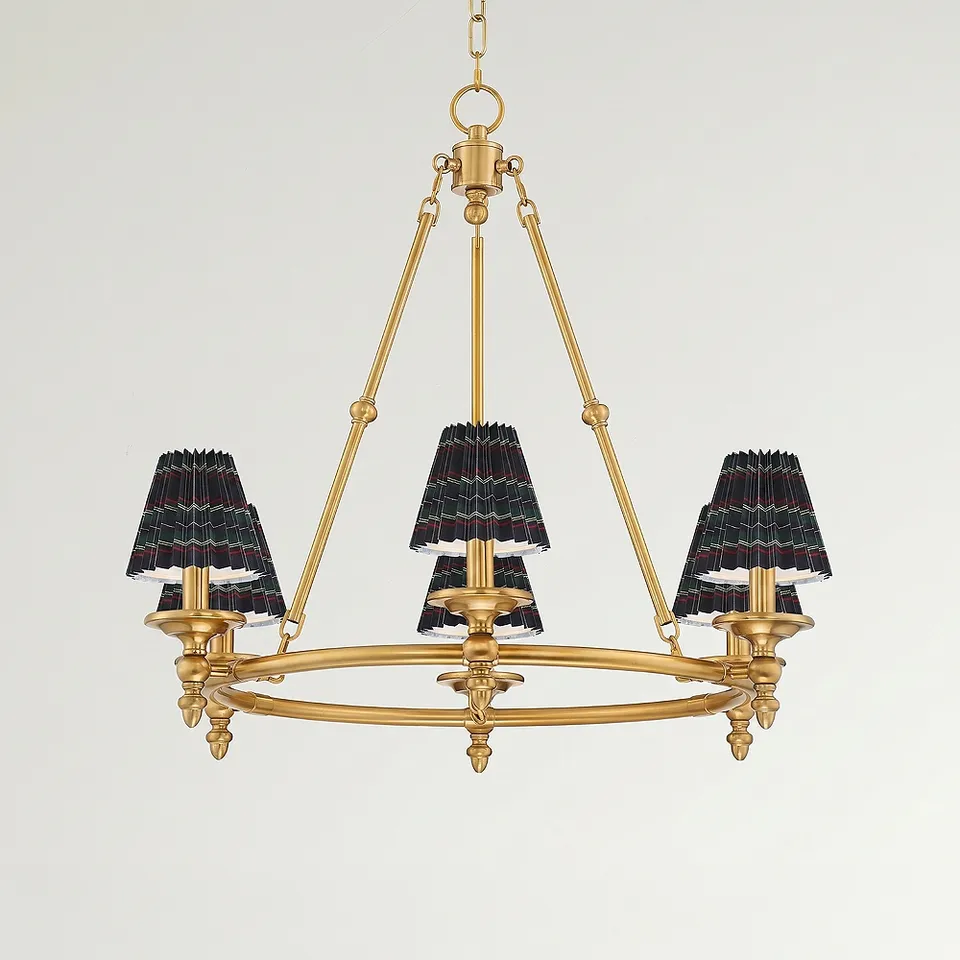 Hartley 28" Wide Antique Gold 6-Light Chandelier w/ Navy Plaid Shades
