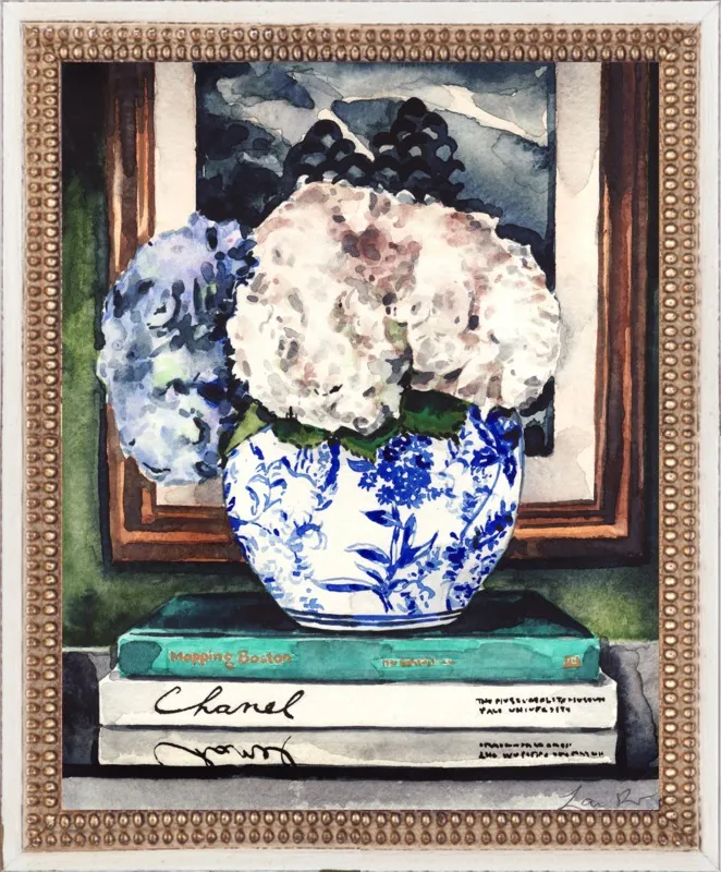 Hydrangeas in Blue and White Chinese Vase - Styled Vignette by Laura Row for Artfully Walls