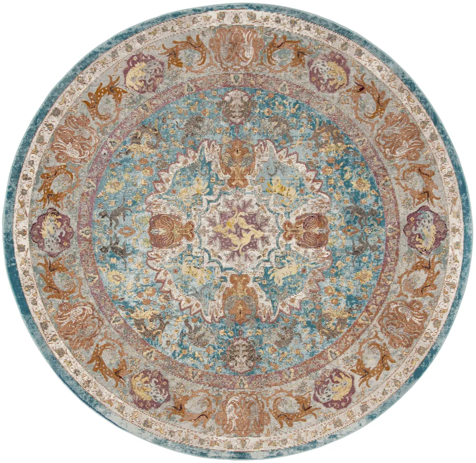 Arlo Home Woven Area Rug, ARA120B, Blue/Orange,  6' 5" X 6' 5" Round