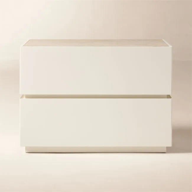 Dover 30" Warm White Lacquered 2-Drawer Nightstand with Travertine Top