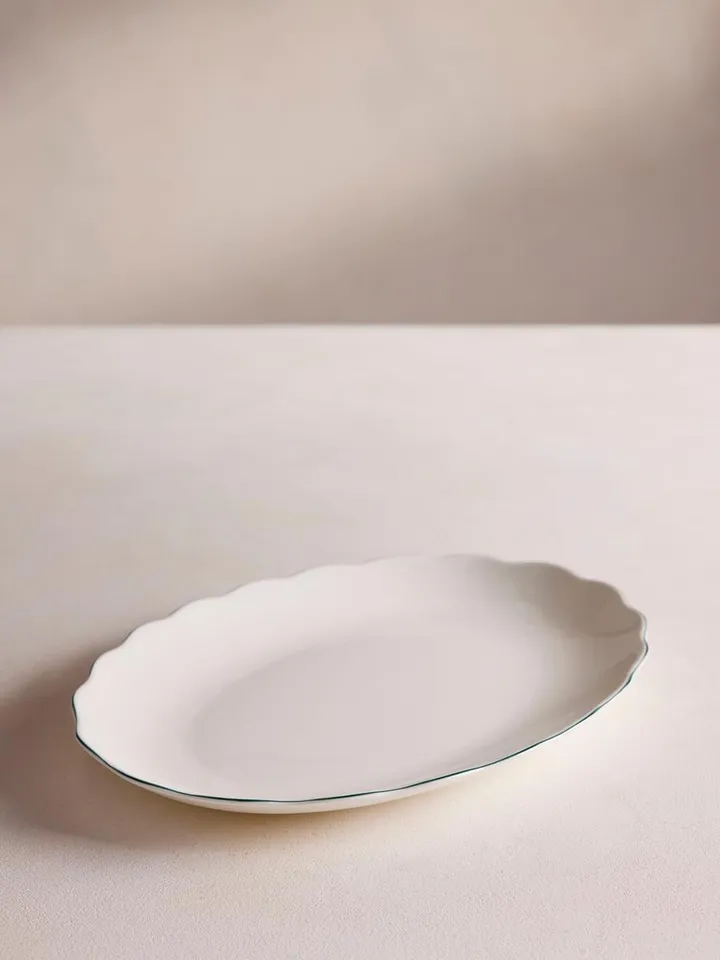 Scalloped Oval Dish, Large, Green Rim