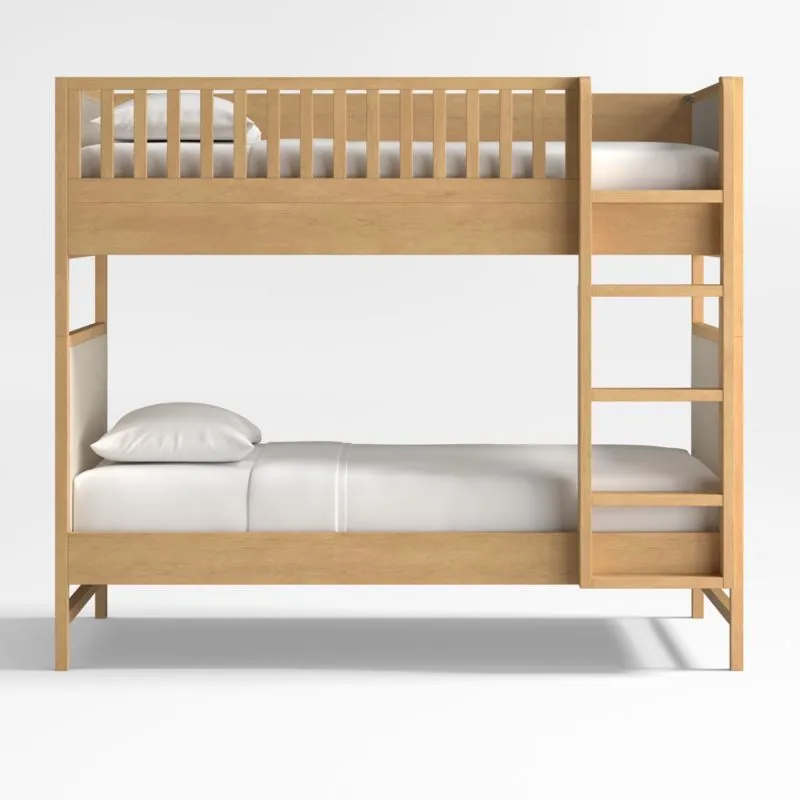 Beau Natural Oak Wood and Upholstered Kids Convertible Bunk Bed