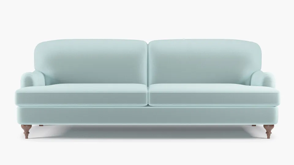 English Roll Arm Sofa, Spa Performance Plush Velvet, Walnut Turned Wood Leg