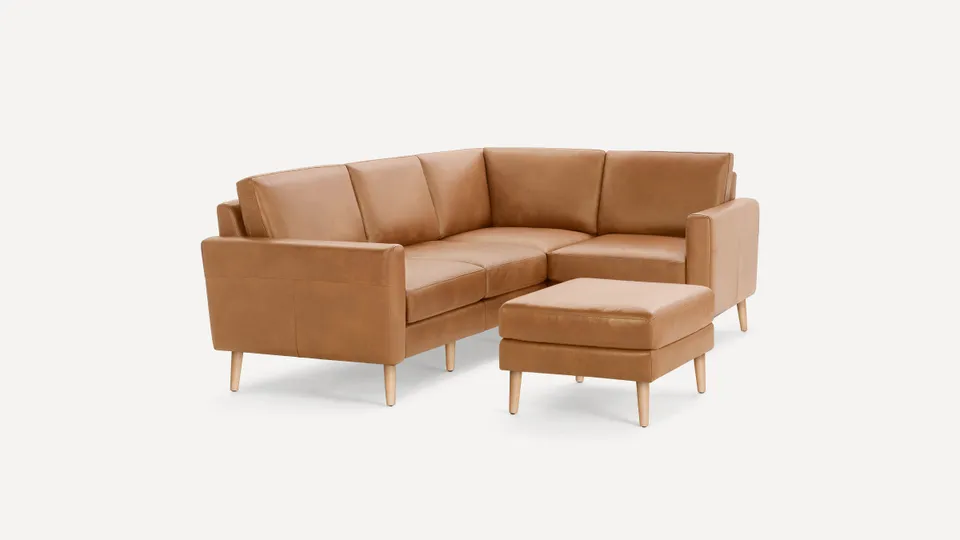 Nomad Leather 4-Seat Corner Sectional with Ottoman - Camel - Top Grain Leather / Oak - Wood / Block