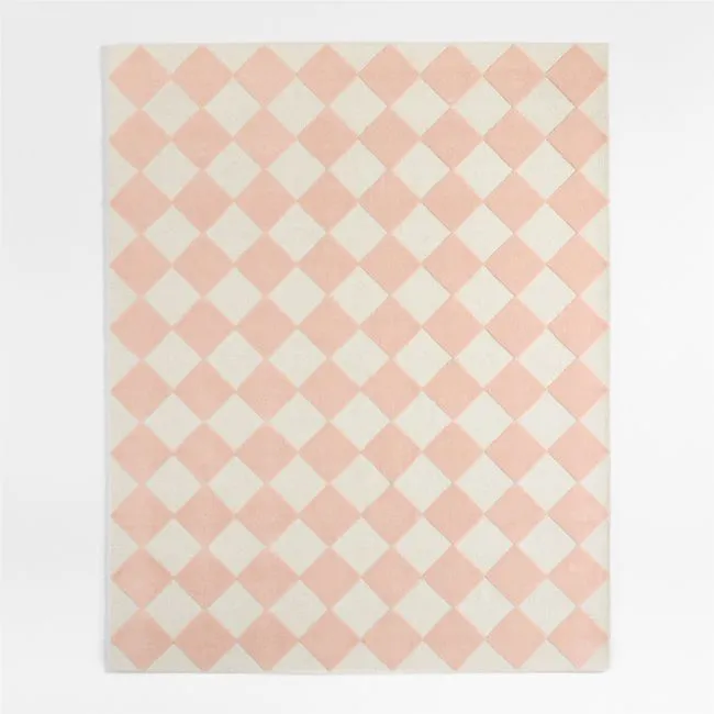 Checkerboard Pink Wool Kids Area Rug 5'x8'