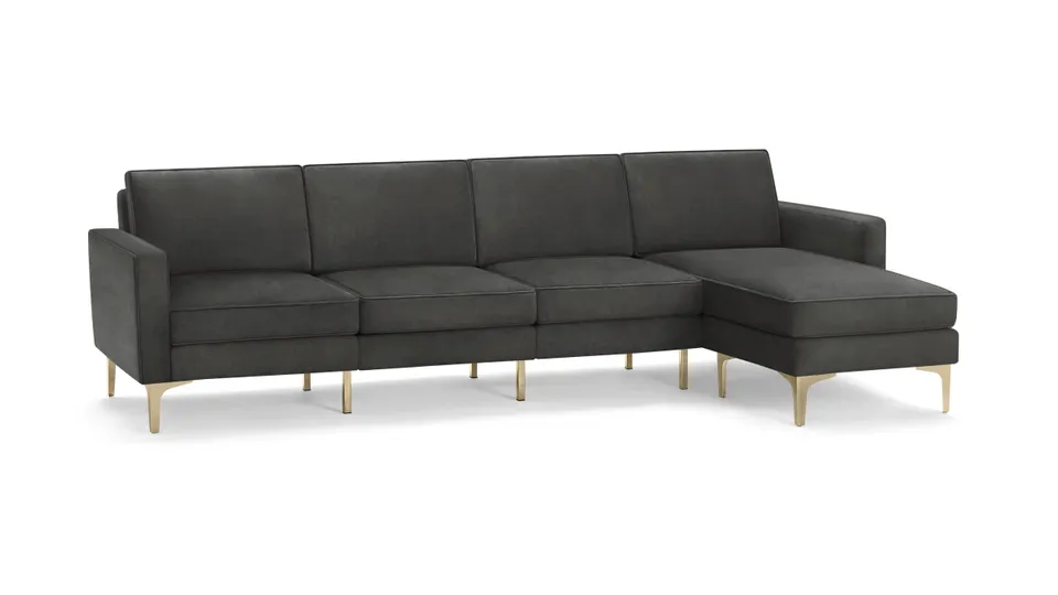 Nomad Velvet King Sofa with Reversible Chaise - Graphite Grey - Performance Velvet / Brass - Metal