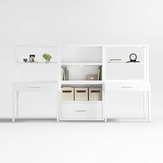 Ever Simple 108" Set of 2 Modular White Wood Kids Desks with Drawer Bookcase
