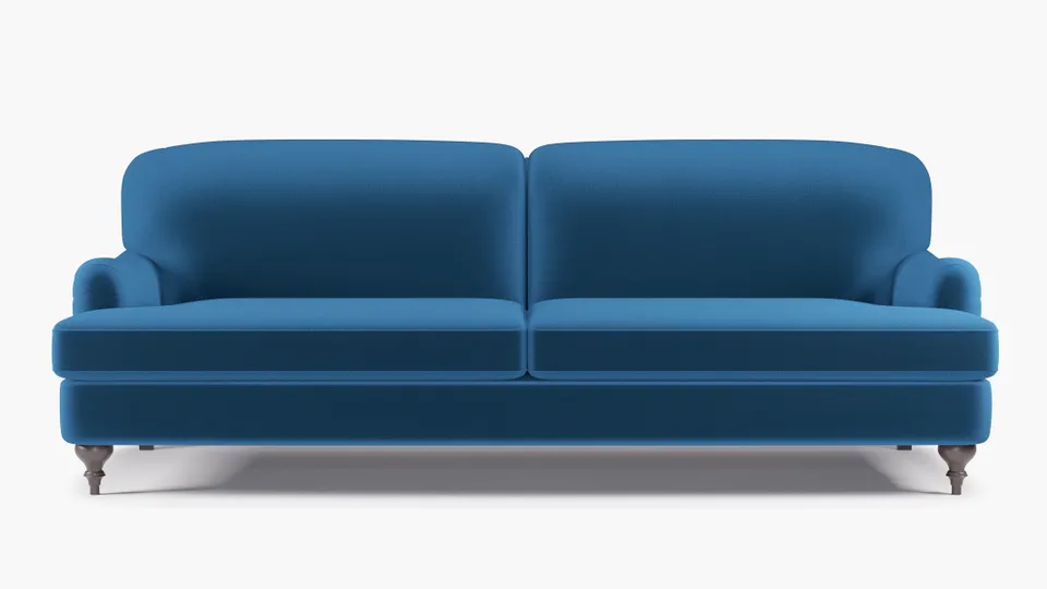 English Roll Arm Sofa, Royal Performance Velvet, Espresso Turned Wood Leg