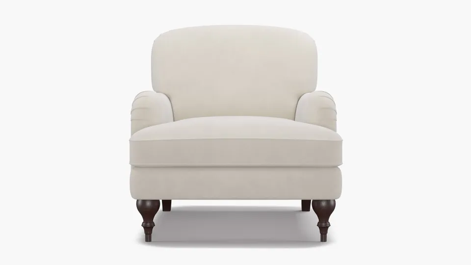 English Roll Arm Chair, White Performance Velvet, Espresso Turned Wood Leg