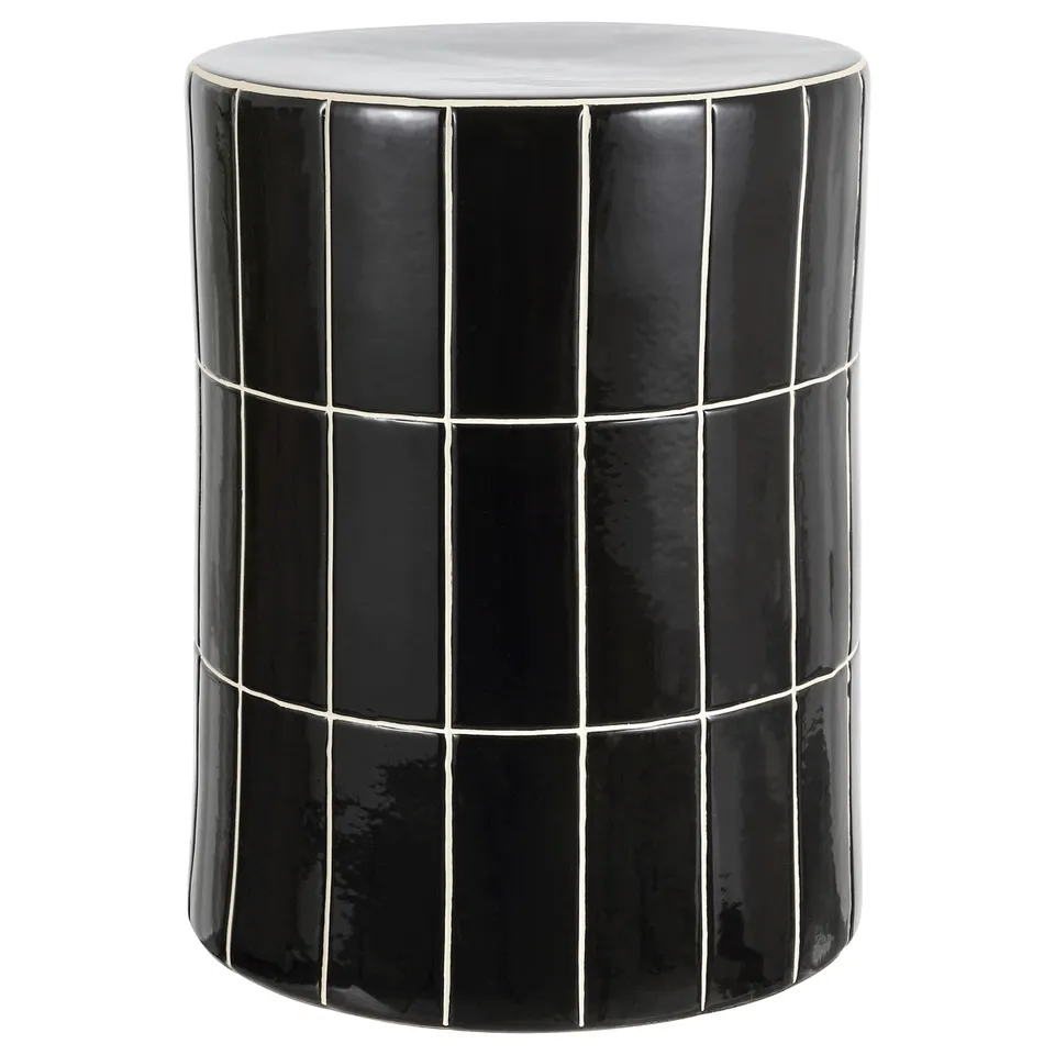 Karo 17.25" Ceramic Gloss Finish Tile Hourglass Garden Stool - Black
