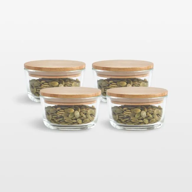 Crate & Barrel Round Glass Storage Container with Bamboo Lid, 1-cup, Set of 4