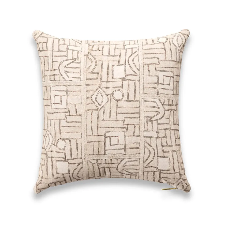 Ecru Maze Kuba Cloth Pillow by St. Frank | Brown | 22" W x 22" H | Linen