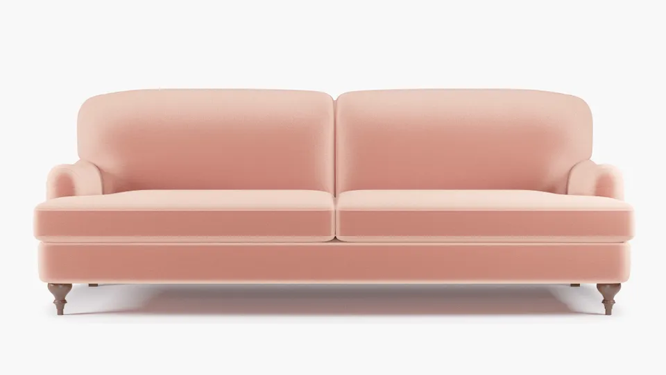 English Roll Arm Sofa, Bloom Performance Plush Velvet, Walnut Turned Wood Leg