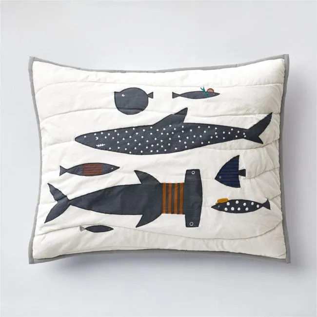Shark School Embroidered Organic Cotton Kids Pillow Sham