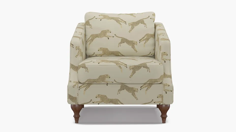 Slope Arm Chair, Desert Cheetah, Walnut Turned Wood Leg