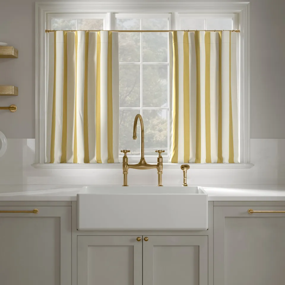 Printed Linen Café Curtain, Citrine Cabana Stripe, 25" x 30", Unlined