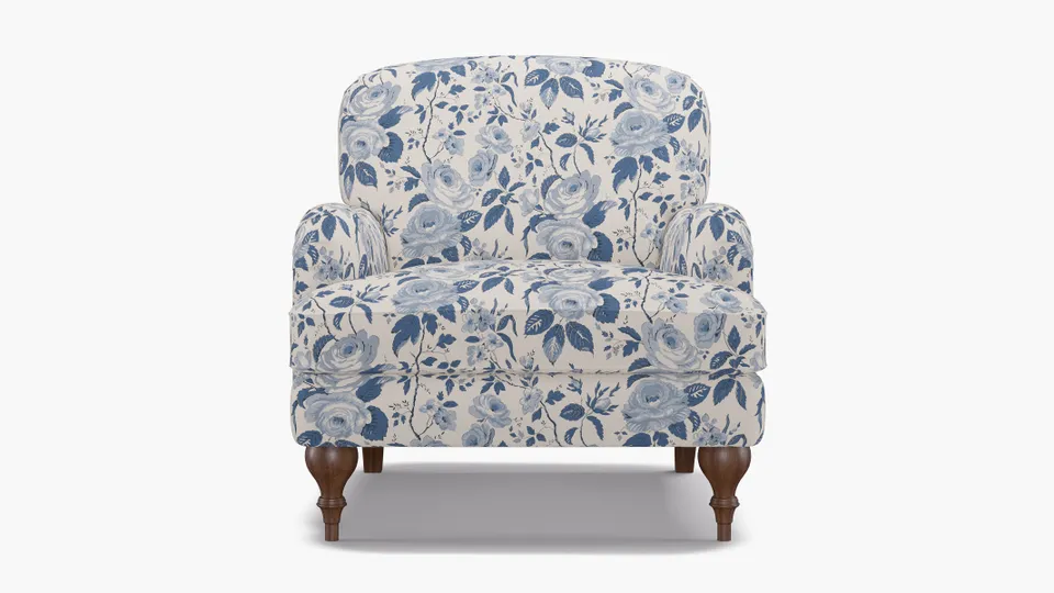 English Roll Arm Chair, Delft Chintz, Walnut Turned Wood Leg