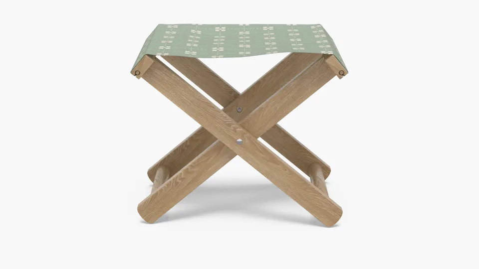 Teak Cabana Stool, Soft Sage Meadow Check