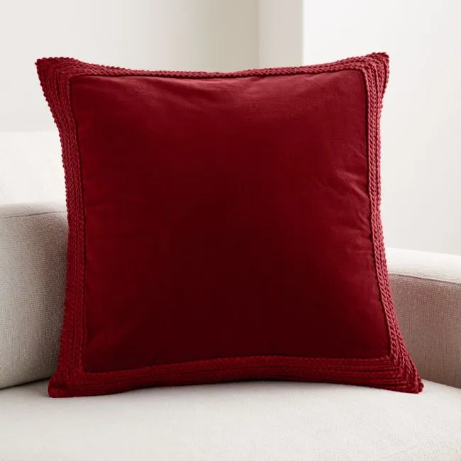Braided Velvet Border 23"x23" Luminous Red Throw Pillow with Down-Alternative Insert