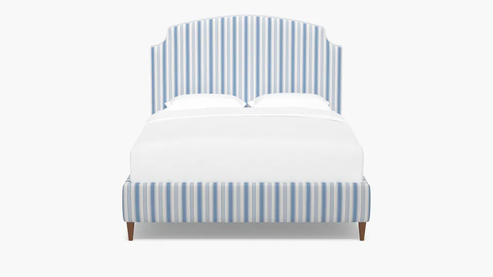 Cove Bed, Cornflower Regency Stripe, Walnut Square Tapered Leg, Queen