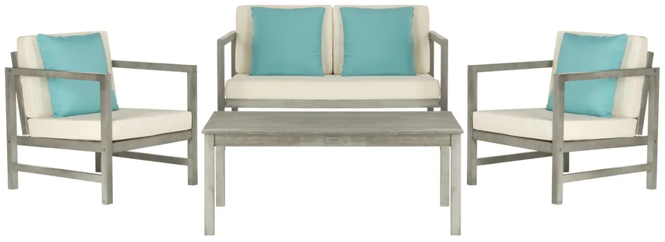 Montez 4 Piece Outdoor Set With Accent Pillows - Gray Wash/White/Light Blue