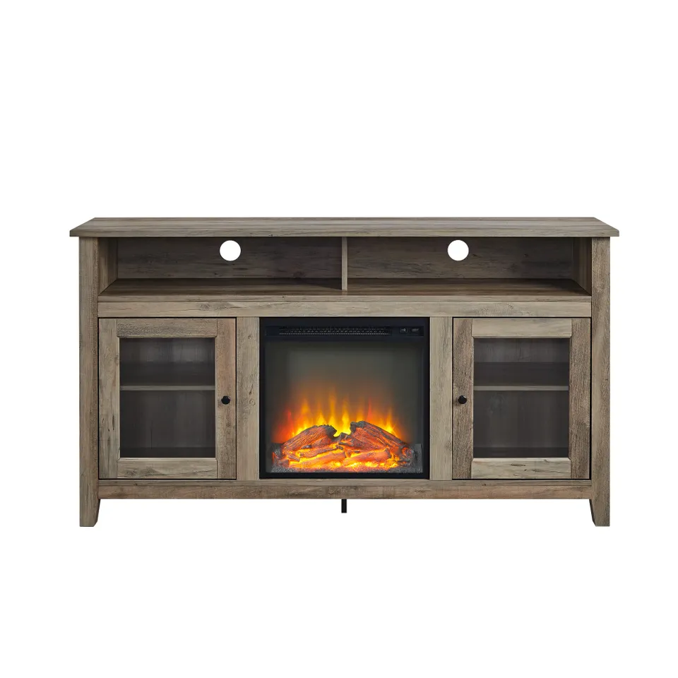 Wasatch 58" Transitional Fireplace Glass Wood TV Stand - Grey Wash