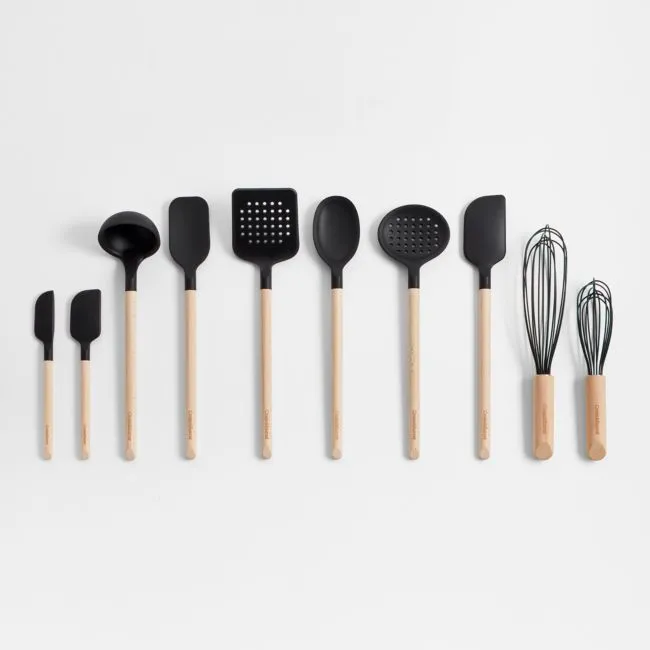 Crate & Barrel Black Silicone and Wood Utensils, Set of 10