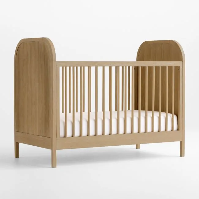 Mira Reeded Natural Oak Wood Convertible Crib with Toddler Bed Rail