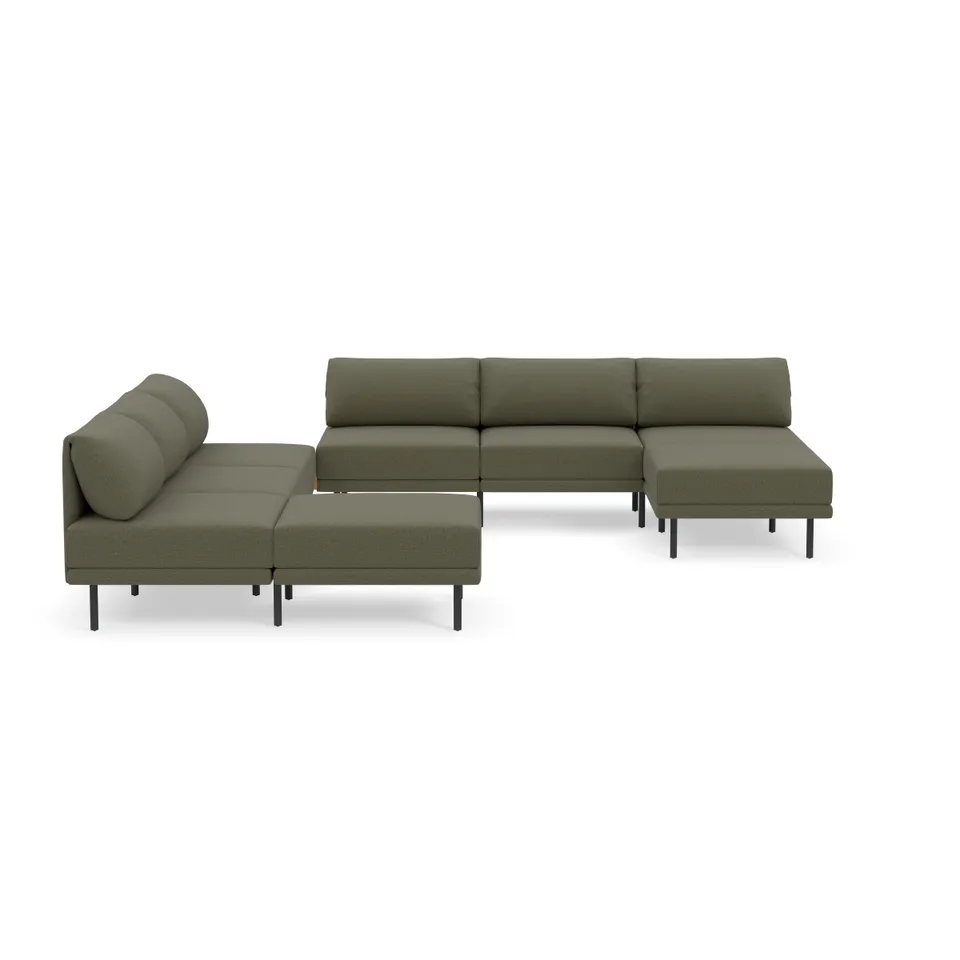 Range 8-Piece Open Sectional Double Lounger with Corner Table - Moss Green - Performance Flatweave / Black Metal Legs - Oak Table