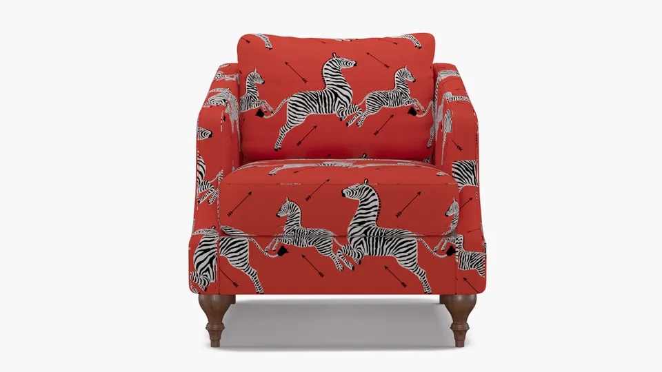 Slope Arm Chair, Coral Zebra, Walnut Turned Wood Leg