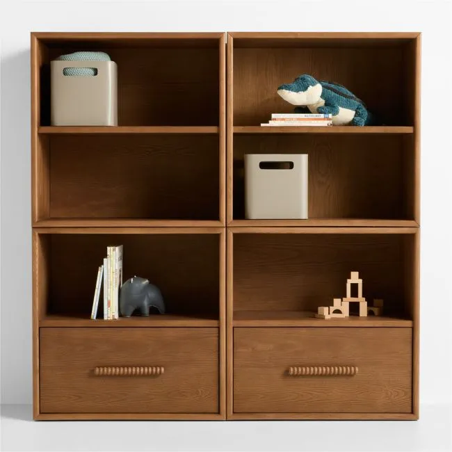 Jack Set of 2 Hazelnut Ash Wood Modular Kids Open Bookcases with Drawer