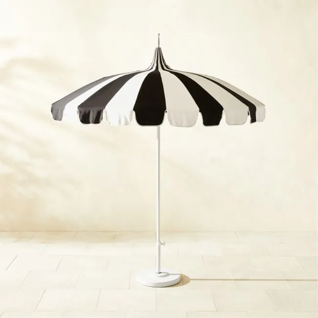 Pagoda 8.5' Round Black & Natural White Stripe Outdoor Umbrella with White Base