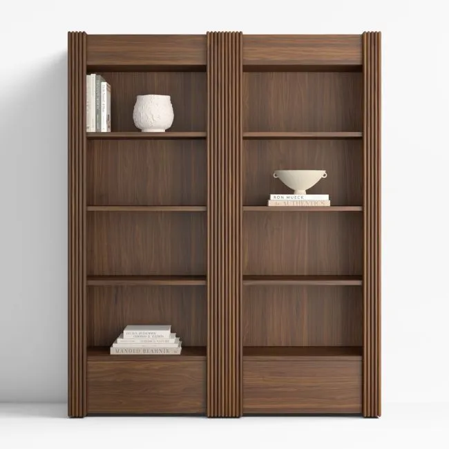 Siena 68" Walnut Wood 4-Shelf Storage Bookcase with Drawer, Set of 2