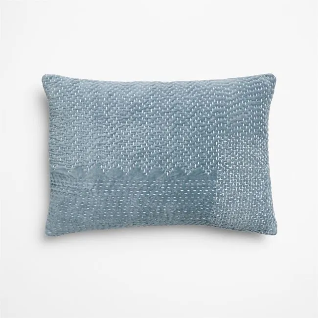 Sashiko Organic Cotton Velvet 22"x15" Blue Throw Pillow with Feather Insert