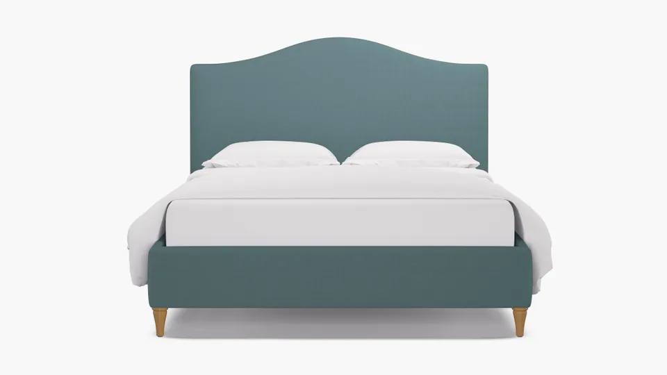 Camelback Bed, Seaglass Everyday Linen, Natural Decorative Tapered Leg, Twin