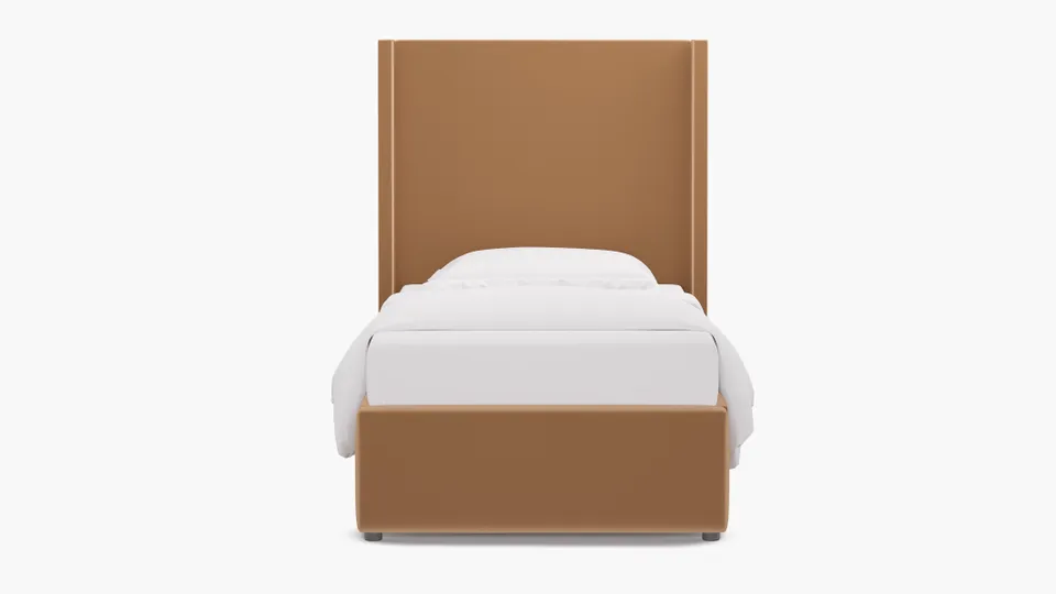 Modern Wingback Bed, Camel Performance Plush Velvet, Twin