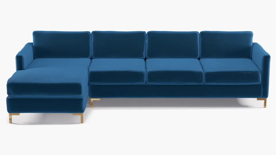Modern Sectional, Left Facing, Royal Performance Velvet, Brass L Leg