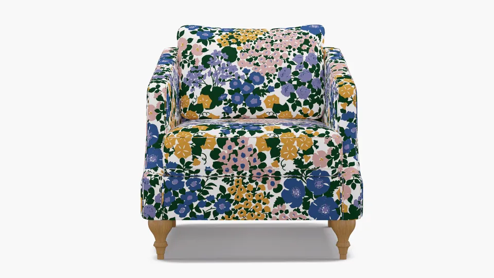 Slope Arm Chair, Lavender Million Flowers, Natural Turned Wood Leg