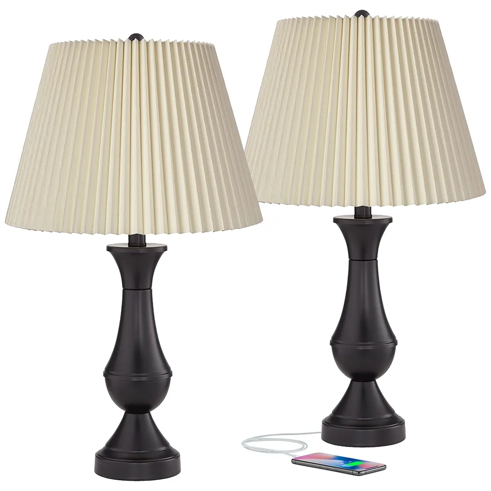 Blakely Bronze LED Touch Lamps with USB Ports and Pleated Shades- Set of 2